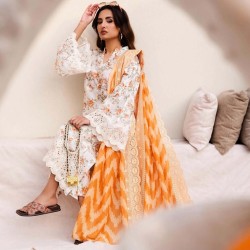 Off White Embroidered Schiflli Cotton 3pc - Embroidered Cotton Wear | MAHNOOR