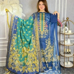Royal Blue Cotton Katan 3pc - Comfort Cotton Wear | MAHNOOR