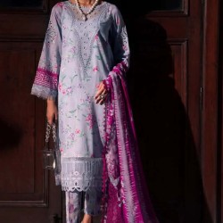 Powder blue and Purple Cotton Embroidered 3pc (Nureh) - Embroidered Cotton Wear | MAHNOOR