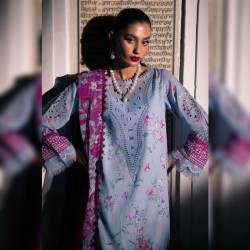 Powder blue and Purple Cotton Embroidered 3pc (Nureh) - Embroidered Cotton Wear | MAHNOOR