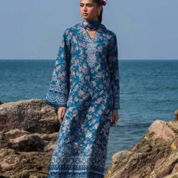 Dark Blue Cotton Embroidered  3pc (Afrozeh) - Embroidered Cotton Wear | MAHNOOR